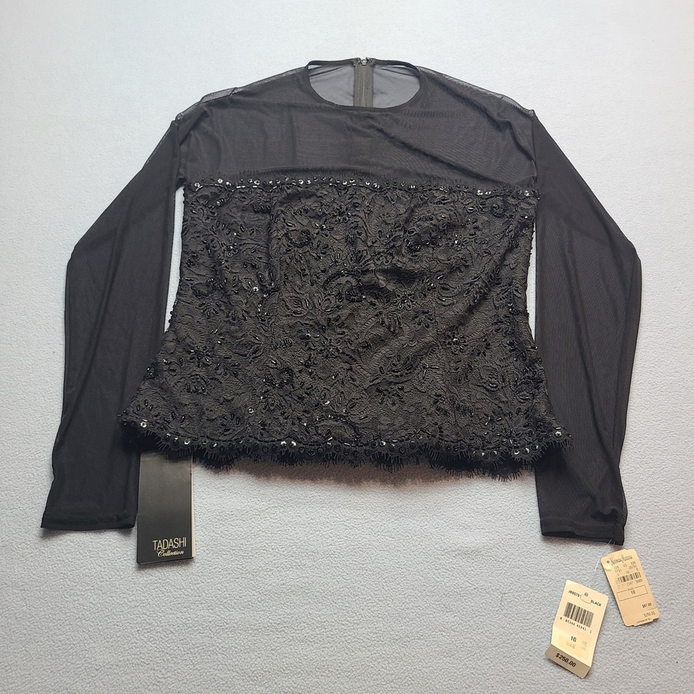 Tadashi Collection Beaded Lace Top Womens 10 Black NWT Sheer Mesh JB85791